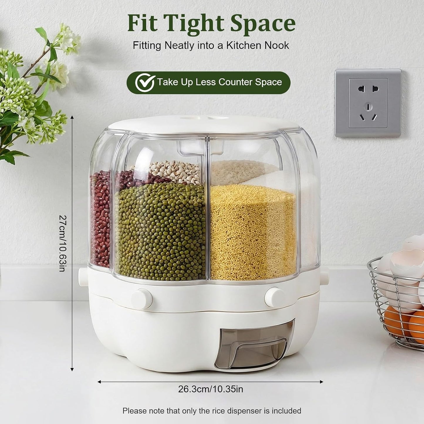 Rotating Grain Storage Bin, 360° Rotating Food Dispenser Storage 6 Grid Grain Storage Container Dispenser round Grain Dispenser One-Click Output for Small Grains Beans Rice (8Kg/17.64Lbs)
