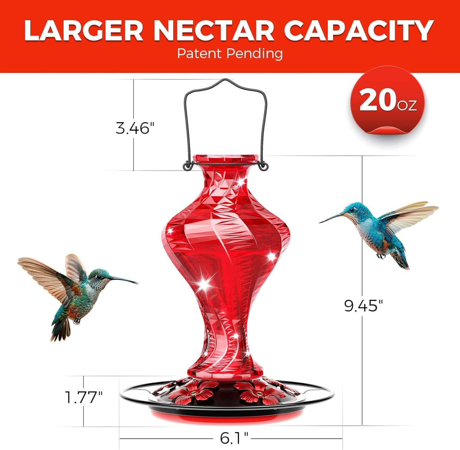 Glass Hummingbird Feeder for Outdoors Hanging, Bird Nectar Feeder with Perch & 5