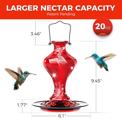 Glass Hummingbird Feeder for Outdoors Hanging, Bird Nectar Feeder with Perch & 5