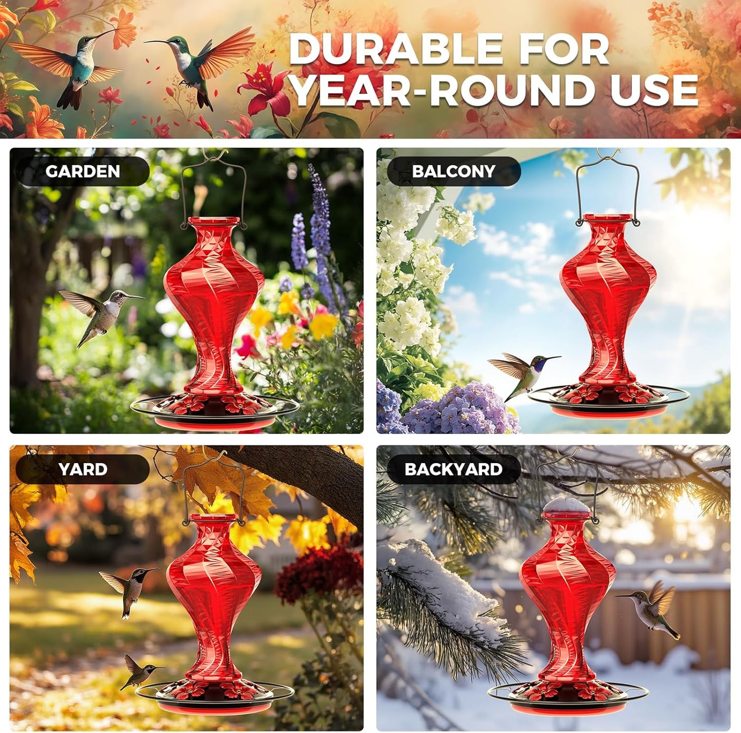 Glass Hummingbird Feeder for Outdoors Hanging, Bird Nectar Feeder with Perch & 5