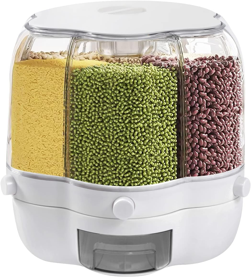 Rotating Grain Storage Bin, 360° Rotating Food Dispenser Storage 6 Grid Grain Storage Container Dispenser round Grain Dispenser One-Click Output for Small Grains Beans Rice (8Kg/17.64Lbs)